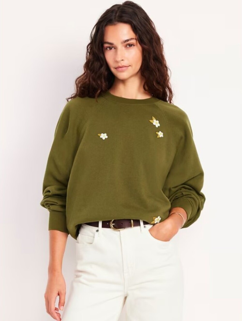 Old Navy SoComfy Oversized Green Raglan Sleeve Embroidered Daisy Sweatshirt